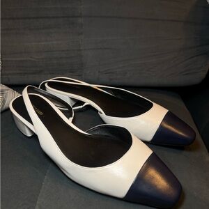 Elegant White and Navy Slingback Flats